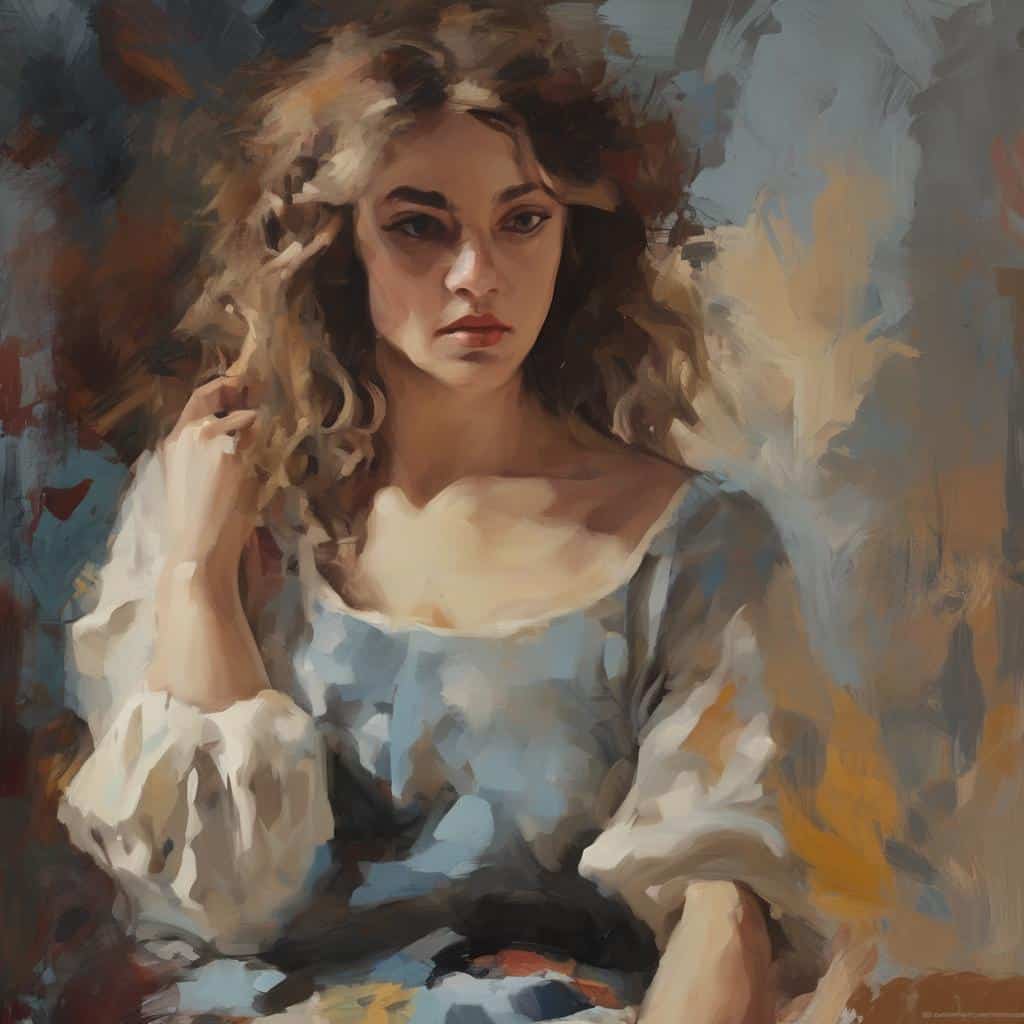 Αντίγραφο της εικόνας μιας νεαρής γυναίκας με καστανά, κατσαρά μαλλιά σε ποπ και ρεαλιστικό στυλ.