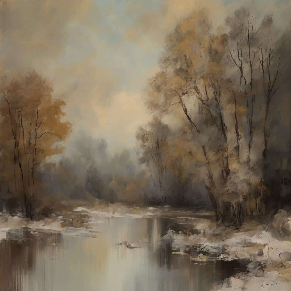 Θάμνοι και δέντρα κοντά σε ποταμό με ηρεμία και σύννεφα στον ουρανό.