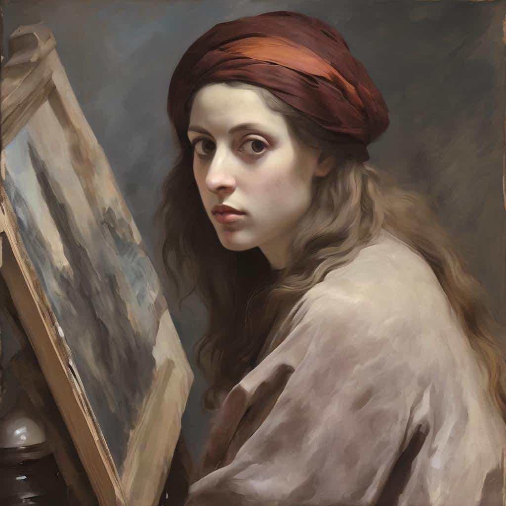 Ζωγραφική πορτρέτο νεαρή γυναίκα με λευκή ρομαντική ενδυμασία και καστανό τουρμπάκι, τέχνη από την Αρχαία Ελλάδα στη σύγχρονη έκφραση.